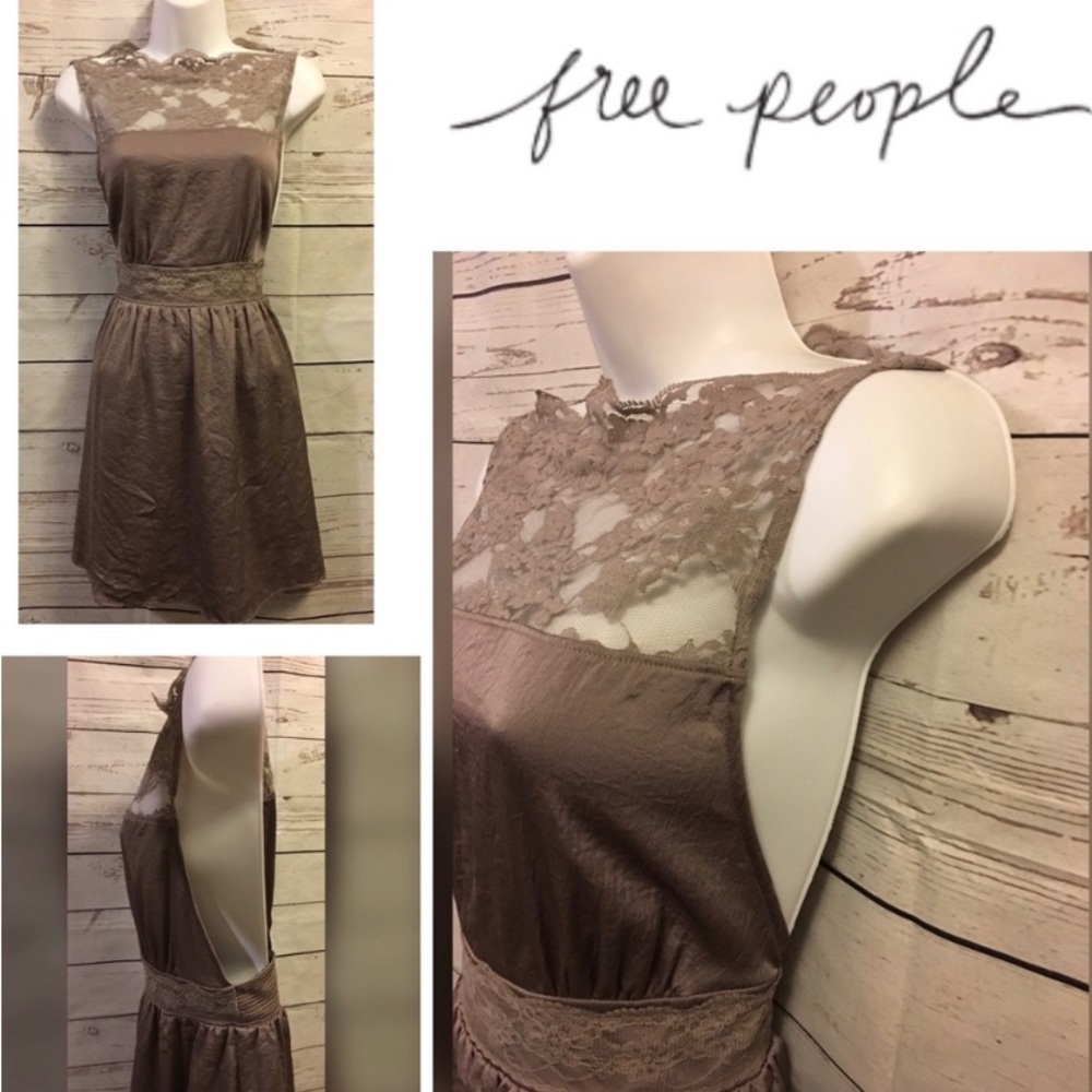 Free People Taupe Satin Lace Mini Dress |Size Medium - Picture 6 of 10